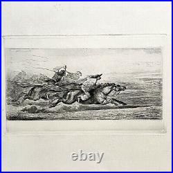 Large Antique Etching of Figures on Horses Signed in plate