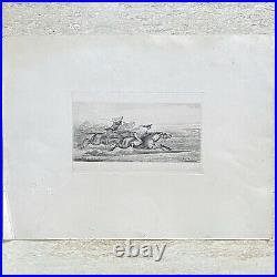 Large Antique Etching of Figures on Horses Signed in plate