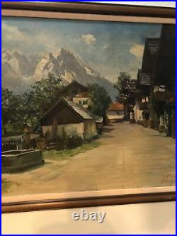 Large Antique European Oil on Canvas Painting Alpine Village Scene Signed artist