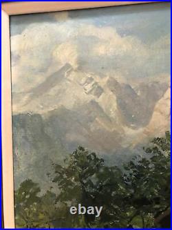 Large Antique European Oil on Canvas Painting Alpine Village Scene Signed artist