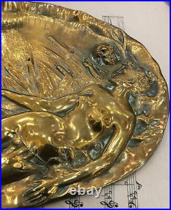 Large Antique French Art Nouveau Bronze Tray Angel Cattails Signed Vernier c1880