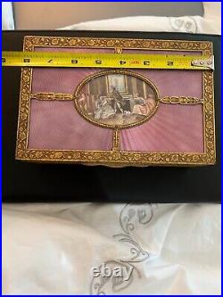 Large Antique French Gold Gilt Pink Enamel Handpainted Scene Box Artist Signed