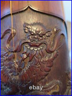 Large Antique Hand Carved Chinese Bamboo Brush Pot with 4 Lion Dogs, Signed, 13