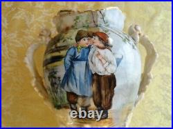 Large Antique J P L Limoges France Hand Painted Girl & Boy Vase 1890-1932 Signed
