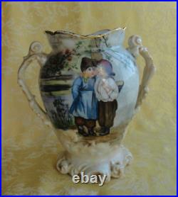 Large Antique J P L Limoges France Hand Painted Girl & Boy Vase 1890-1932 Signed