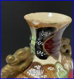 Large Antique Japanese Satsuma Moriage Vase Twin Dragon Handles Signed Af
