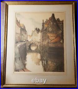 Large Antique Julien Van Santen Red Roofs Etching Framed Wall Art Signed