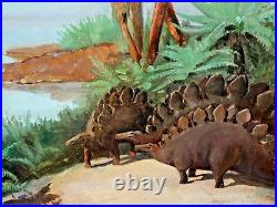 Large Antique Jurassic Park Oil on Canvas Painting by Mystery Artist Signed