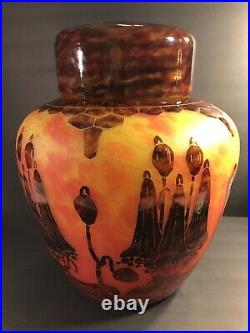 Large Antique Le Verre Francais Cameo Glass Vase & Cover. France C. 1925/ Signed