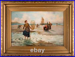 Large Antique Listed Artist E. Mackey Oil Painting Catching Fishes Signed