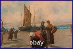 Large Antique Listed Artist E. Mackey Oil Painting Catching Fishes Signed