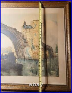 Large Antique Louis Dauphin Aylesford Bridge Etching Framed Wall Art Signed