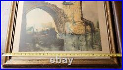 Large Antique Louis Dauphin Aylesford Bridge Etching Framed Wall Art Signed