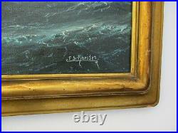 Large Antique Nautical Oil Painting By Schneider Art Deco Era Carved Frame Ships