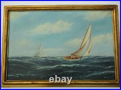 Large Antique Nautical Oil Painting By Schneider Art Deco Era Carved Frame Ships