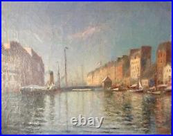 Large Antique Oil Impressionism Painting Seaside Harbord Marseille Pierre FOREST