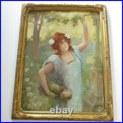 Large Antique Oil Painting Circa 1900 Signed Pretty Female Woman Fruit Orchard