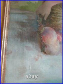 Large Antique Oil Painting Circa 1900 Signed Pretty Female Woman Fruit Orchard