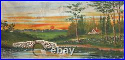 Large Antique Oil Painting Landscape Lake Swans