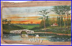 Large Antique Oil Painting Landscape Lake Swans