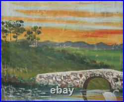 Large Antique Oil Painting Landscape Lake Swans