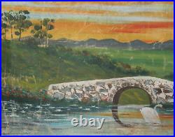 Large Antique Oil Painting Landscape Lake Swans