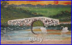 Large Antique Oil Painting Landscape Lake Swans