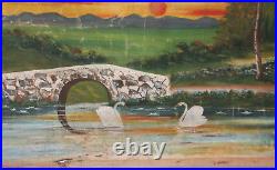 Large Antique Oil Painting Landscape Lake Swans