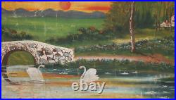 Large Antique Oil Painting Landscape Lake Swans