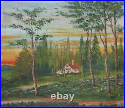 Large Antique Oil Painting Landscape Lake Swans