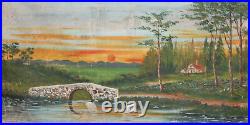 Large Antique Oil Painting Landscape Lake Swans