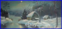 Large Antique Oil Painting Winter River Landscape Huts Signed