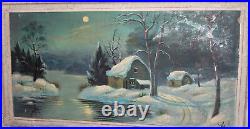 Large Antique Oil Painting Winter River Landscape Huts Signed