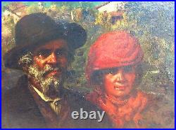 Large Antique Oil on Canvas Painting, Figures in Landscape, Unsigned
