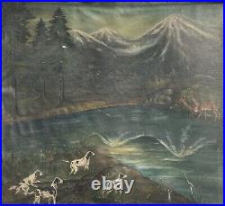 Large Antique Original Oil Painting Hunting Scene Signed Primitive Landscape