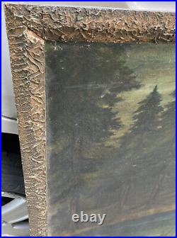 Large Antique Original Oil Painting Hunting Scene Signed Primitive Landscape