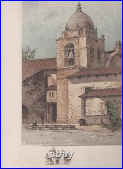 Large Antique Pencil Signed Color Etching of Mission San Carlos Carmel CA