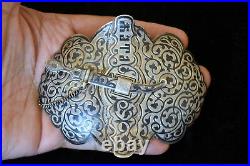 Large Antique Russian 84 Silver Hand Crafted Enamel Belt Buckle + 7 Loops Signed