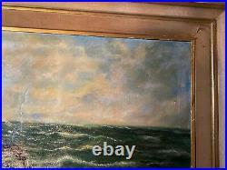 Large Antique Seascape Scene Oil Painting Signed And Framed