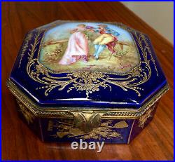Large Antique Sevres Style Casket Jewel Box Ormolu Bronze Hand Painted Signed