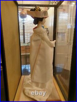 Large Antique Silk Kimono Doll In Original Wood And Glass Case. Signed