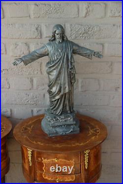 Large Antique Spelter Signed Sacred heart christ jesus figurine statue religious