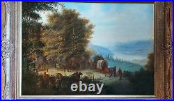 Large Antique USA Settlers Landscape Oil Painting On Wood Panel Signed P J Jaris