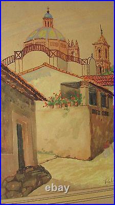 Large Antique Water Color Painting Spanish Streets Church Towers Artist Signed