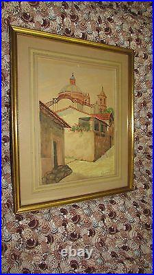 Large Antique Water Color Painting Spanish Streets Church Towers Artist Signed