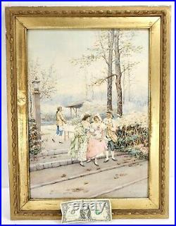 Large Antique Watercolor Painting French or Italian Signed Illegibly Under Glass