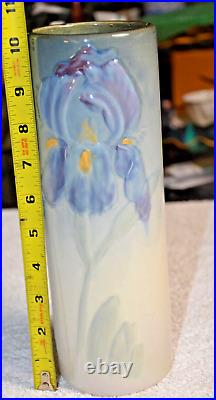 Large Antique Weller Signed Art Pottery Etna Tall Vase with IRIS Decoration 10.5