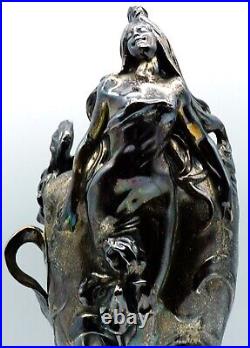 Large Art Nouveau Silver Plate Figural Vase Lady with Flowers Great Details Signed