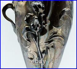 Large Art Nouveau Silver Plate Figural Vase Lady with Flowers Great Details Signed
