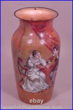 Large Beautiful Antique French Enamel Vase Gentleman & Lady Artist Signed